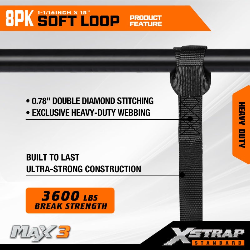 XSTRAP STANDARD Soft Loop Tie-Down Straps 8PK 1-1/16 x 18 inches - 3600LB Breaking Strength, Loops for Securing Trailering of Bikes, ATV, UTV, Motorcycles, Scooters, Dirt Bikes, Lawn Equipment, Black - Image 4